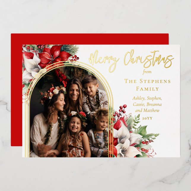 Poinsettias and Pine Arched Photo Merry Christmas Foil Holiday Card (Front/Back)