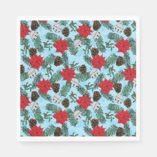 Poinsettias and Silver Bells in Blue Paper Napkins