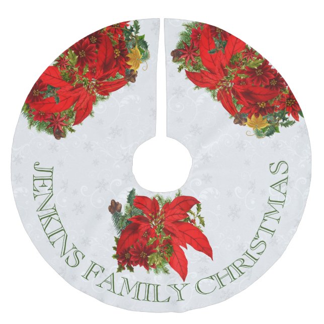 Poinsettias and White Snowflakes with Text Brushed Polyester Tree Skirt (Front)