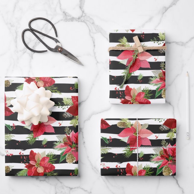 Poinsettias, Black Striped Christmas Wrapping Wrapping Paper Sheet (Front)