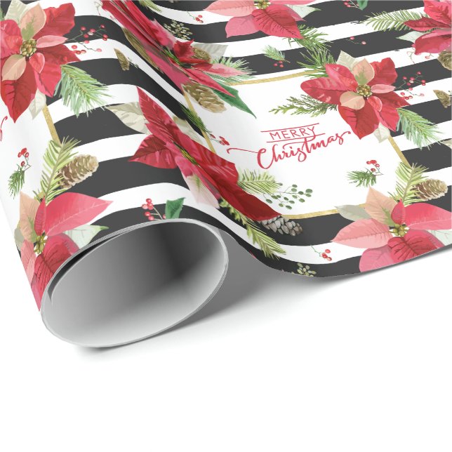 Poinsettias, Black Striped Wrapping Paper (Roll Corner)