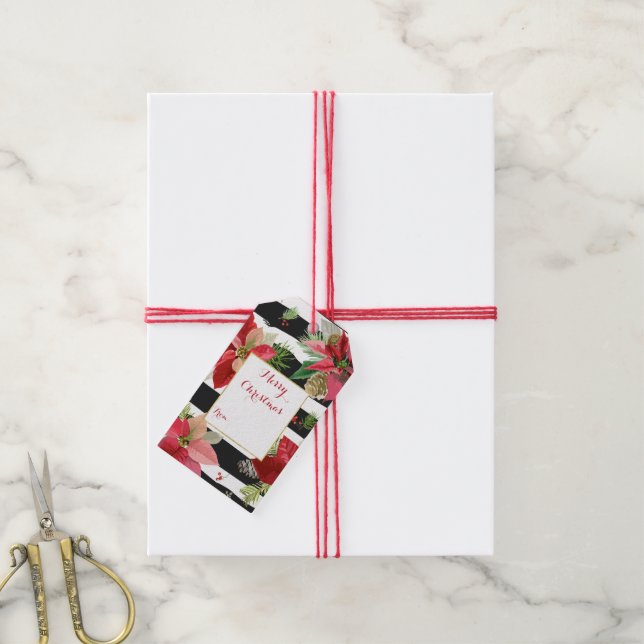 Poinsettias, Black Stripes Christmas Gift Tags (With Twine)