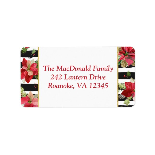 Poinsettias, Black, White Stripes Address Label 2 (Front)