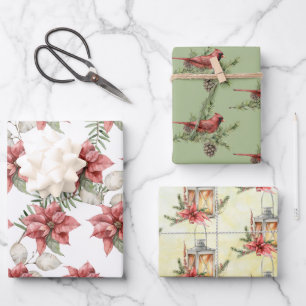Poinsettias, Cardinals and Pine Branches Assorted Wrapping Paper Sheet
