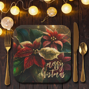Poinsettias Christmas Holiday Paper Plate