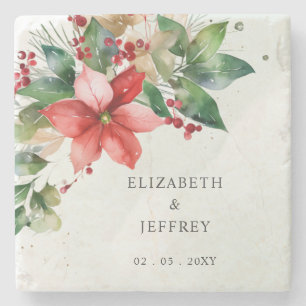 Poinsettias Floral Winter Christmas Wreath Wedding Stone Coaster