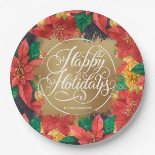 Poinsettias Gold Faux Foil Happy Holidays Paper Plate