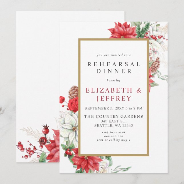 Poinsettias Gold Holly Christmas Rehearsal Dinner  Invitation (Front/Back)