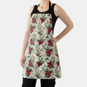 Poinsettias Holly Cedar and Berries Christmas Apron