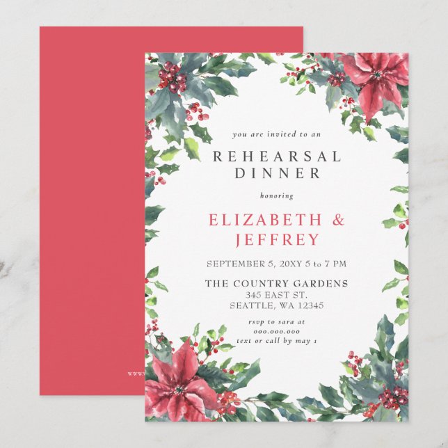 Poinsettias Holly Christmas Rehearsal Dinner  Invitation (Front/Back)