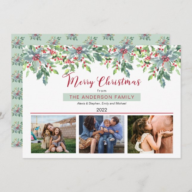 Poinsettias Holly Greenery Merry Christmas 3 Photo Holiday Card (Front/Back)