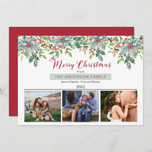 Poinsettias Holly Greenery Merry Christmas 3 Photo Holiday Card