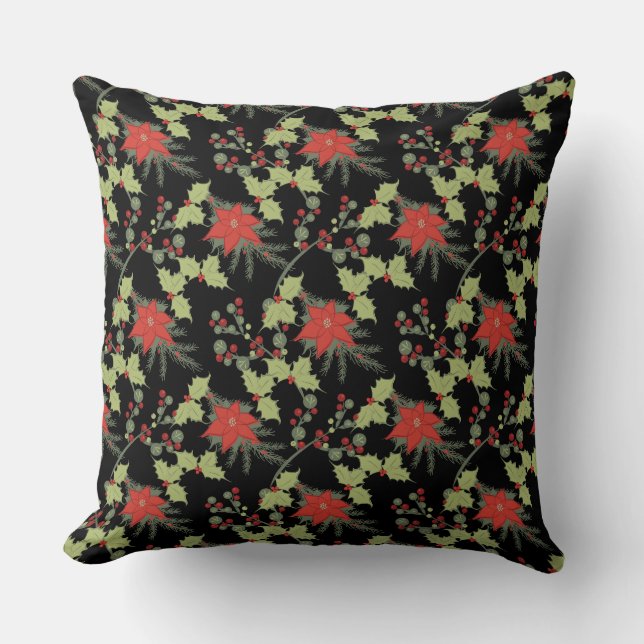 Poinsettias & Holly on Black | Holiday Cushion (Front)