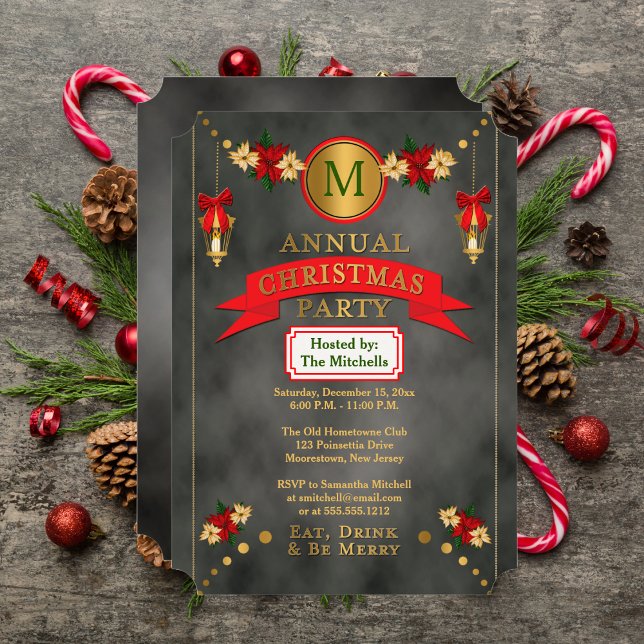 Poinsettias | Lanterns Monogram Christmas Party Invitation (Poinsettias Lanterns Monogram Christmas Party Invitation)