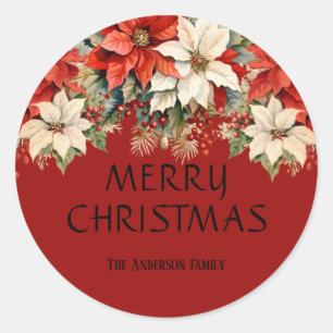 Poinsettias Merry Christmas  Classic Round Sticker