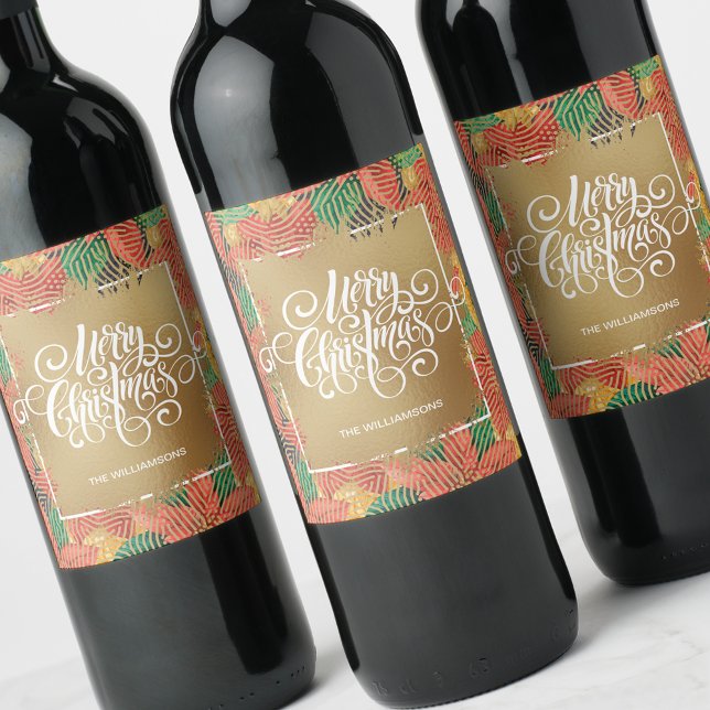 Poinsettias Merry Christmas on Gold Wine Label (Creator Uploaded)