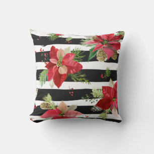 Poinsettias on Black, White Stripes Pillow