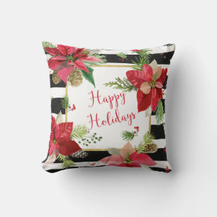 Poinsettias on Black, White Stripes Pillow 2