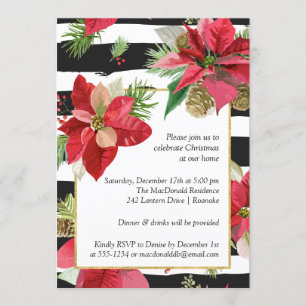 Poinsettias on Stripes Christmas Party Invitation