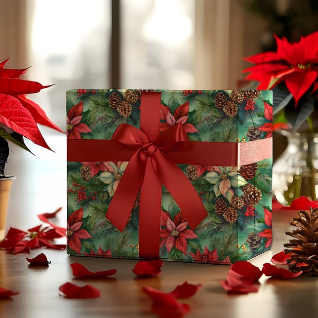 Poinsettias Pine And Pinecones Christmas Holiday Wrapping Paper (Elegant Nostalgic Watercolor Poinsettias, Pine and Pinecones Christmas Holiday Wrapping Paper)
