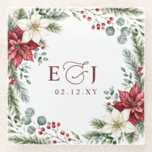Poinsettias Pinecones Botanical Christmas Wedding Glass Coaster