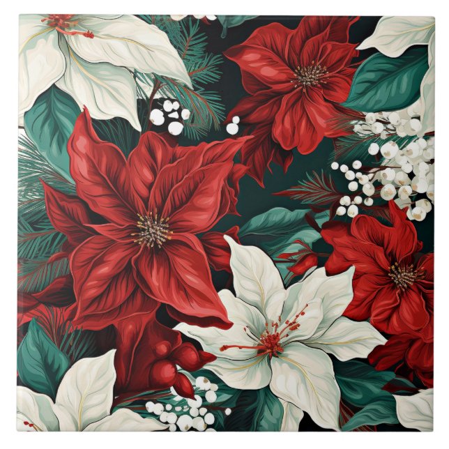 Poinsettias, red and white, ceramic tile (Front)