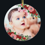 Poinsettias & Roses | Baby's First Christmas Ceramic Ornament<br><div class="desc">Floral ornament to which you can add your own photo in honour of your baby's first Christmas. It's decorated with floral arrangement in pink,  red,  and green consisting of poinsettias,  roses,  and mistletoe.</div>