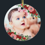 Poinsettias & Roses | Baby's First Christmas Ceramic Ornament<br><div class="desc">Floral ornament to which you can add your own photo in honour of your baby's first Christmas. It's decorated with floral arrangement in pink,  red,  and green consisting of poinsettias,  roses,  and mistletoe.</div>