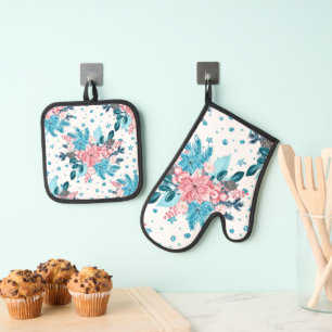 Poinsettias Turquoise Pink Oven Mitt & Pot Holder Set