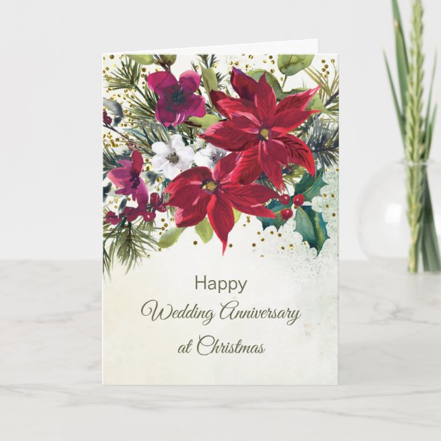 Poinsettias, Wedding Anniversary at Christmas Holiday Card (Front)
