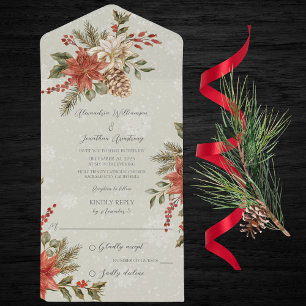 Poinsettias with Holly on Snowy Sage Green All In One Invitation