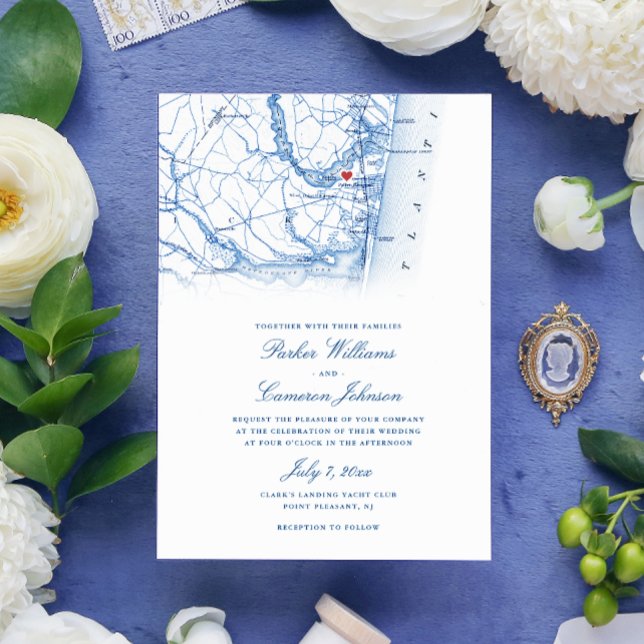 Point Pleasant New Jersey Map Elegant Navy Wedding Invitation (Point Pleasant NJ Yacht Club Wedding Invitation in Elegant Navy Blue from Coastal Map Designs)