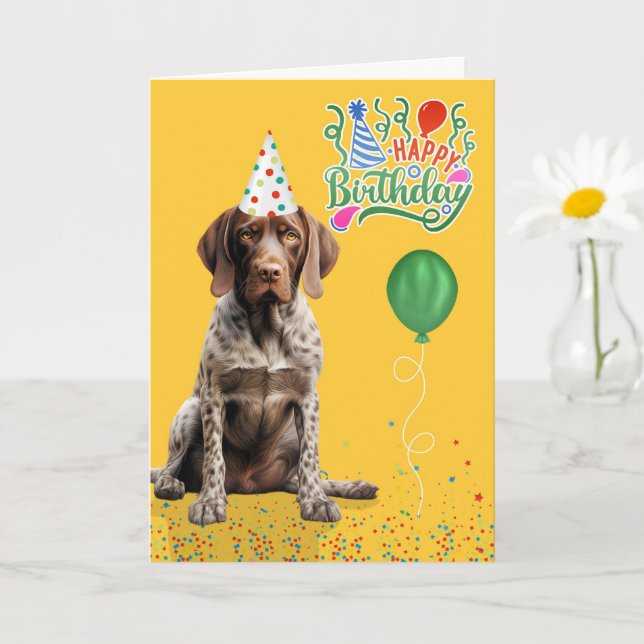 Pointer Dog in a Party Hat on Yellow Birthday Card (Small Plant)