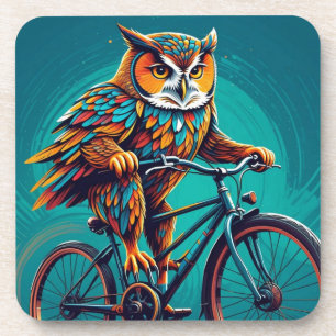 Pointilist Owl Riding a Bike Coaster