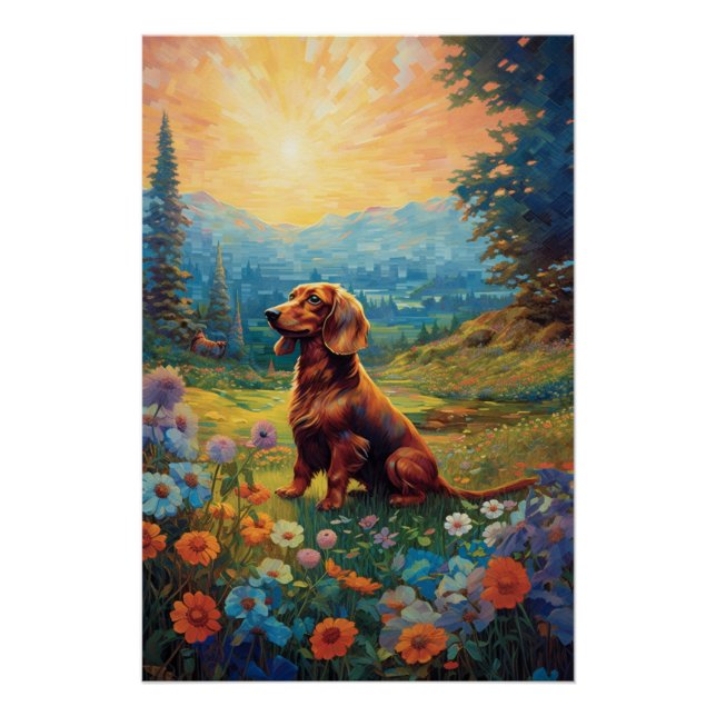 Pointillism Dachshund Exploring A Meadow Poster (Front)