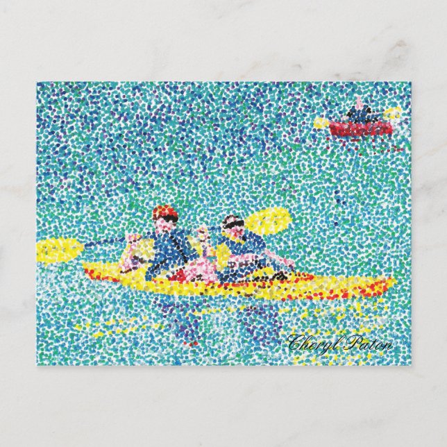 Pointillism kayak scene on the river postcard (Front)