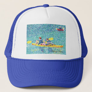 Pointillism kayak scene, painting by Cheryl Paton Trucker Hat