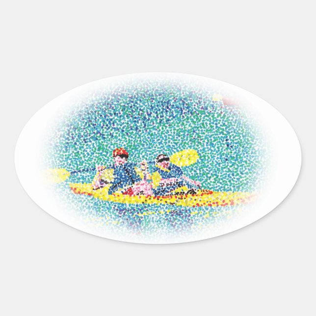Pointillism Kayak Scene Painting, oval stickers (Front)