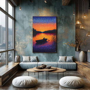 Pointillism Sunset with Rowboat on Lake Poster