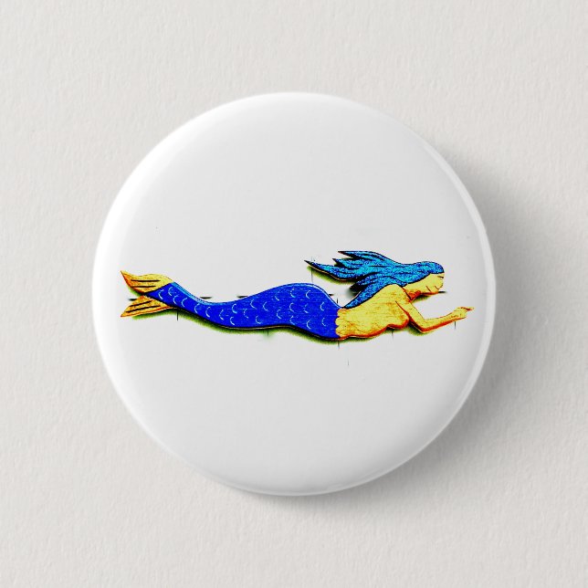 pointing blue-tail mermaid 6 cm round badge (Front)
