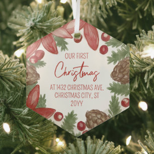 Pointsettia & Pine Our First Christmas At Address Glass Tree Decoration