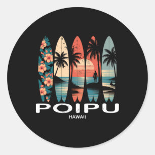 Poipu Beach Hawaii Surfboard Surfing Retro  Classic Round Sticker