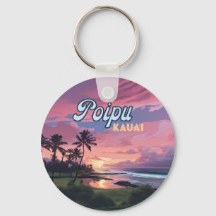 Poipu Kauai Hawaii Beach Palm Trees Retro Key Ring