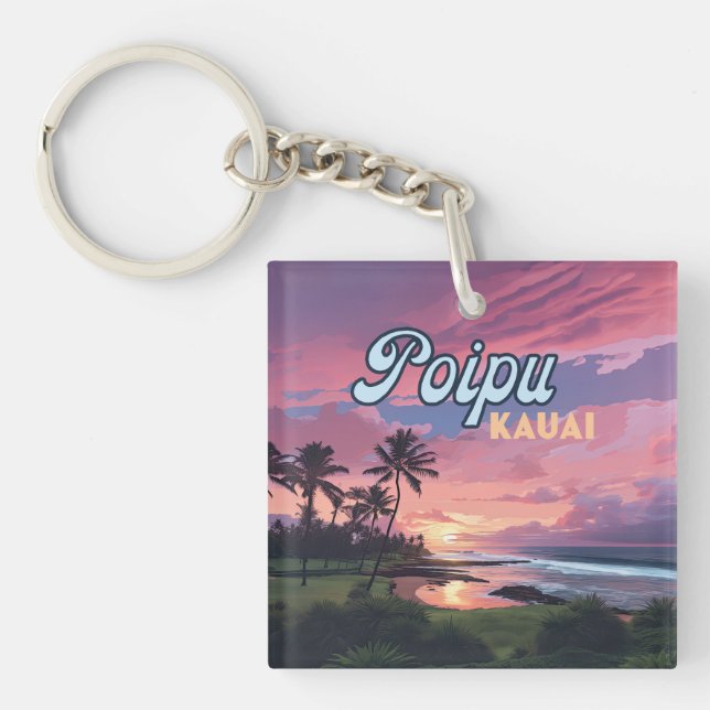 Poipu Kauai Hawaii Beach Palm Trees Retro Key Ring (Front)