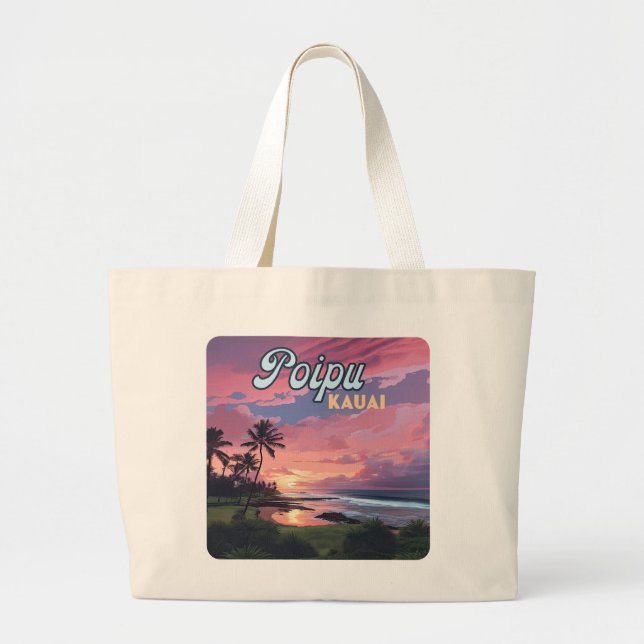Poipu Kauai Hawaii Beach Palm Trees Retro Large Tote Bag (Front)