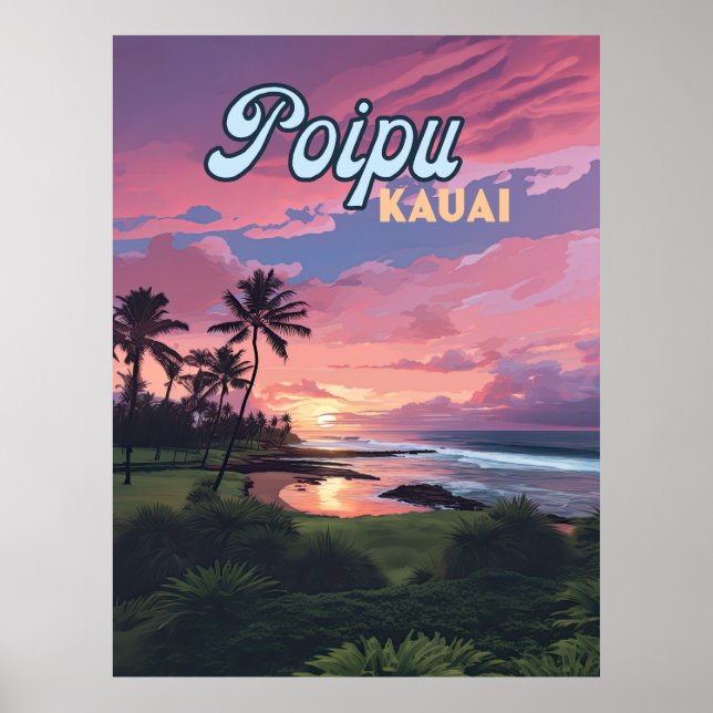 Poipu Kauai Hawaii Beach Palm Trees Retro Poster (Front)