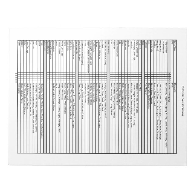 Poise Puppy Evaluation Notepad (Front)