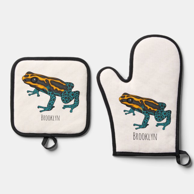Poison dart frog cartoon illustration  oven mitt & pot holder set (Front)