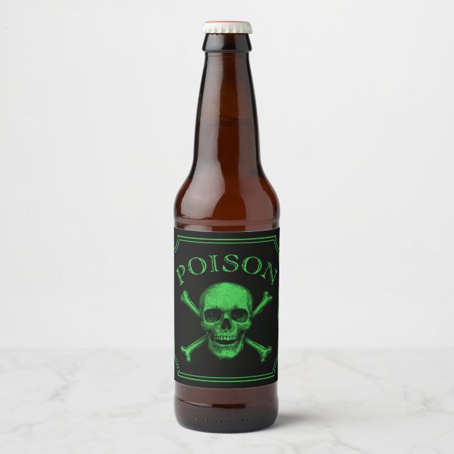 Poison Skull and Crossbones Halloween Design Print Beer Bottle Label (Front)