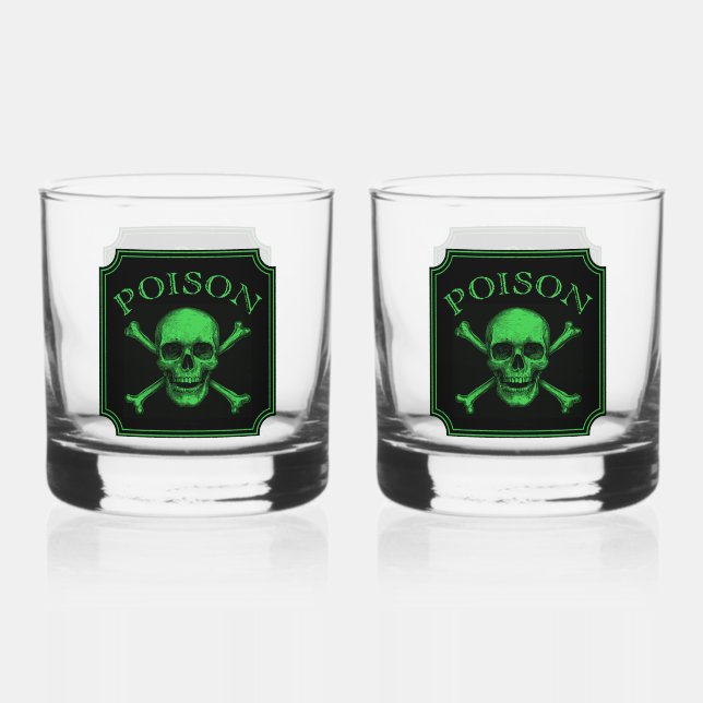 Poison Skull and Crossbones Halloween Design Print Whiskey Glass (Front)